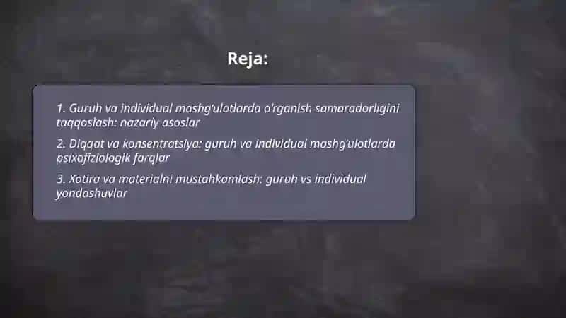 Guruh va individual mashg‘ulotlarning pedagogik samaradorligiva psixofiziologik ta’sir jihatidan farqlari qanday ifodalanadi 2