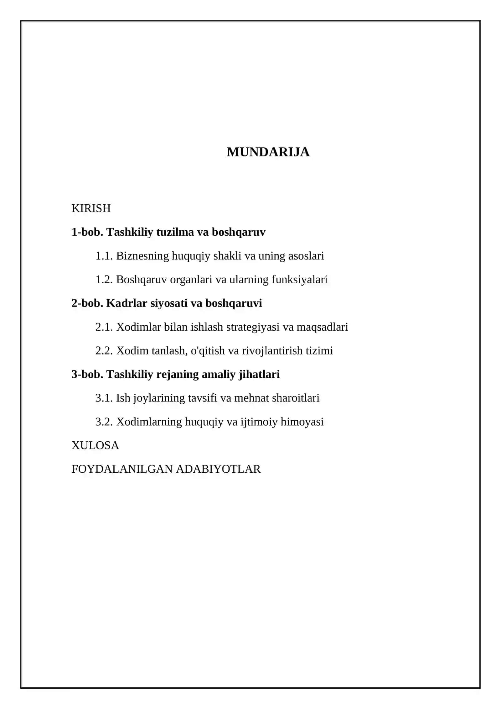 Biznes-rejada tashkiliy reja va kadrlar siyosati 2