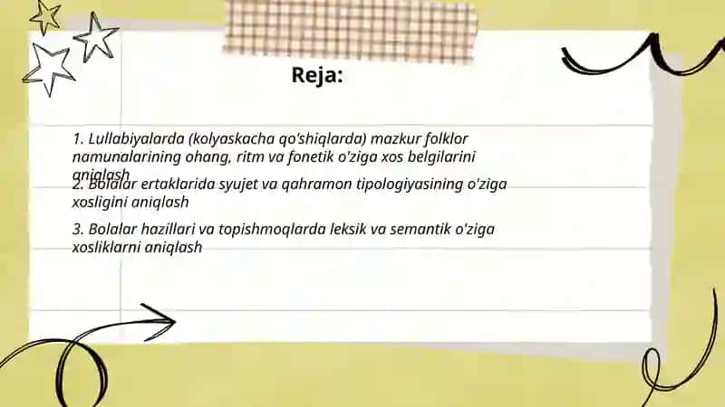 Bolalar folklori materiallari asosida mazkur folklor namunalarining oziga xos belgilarini aniqlash 2