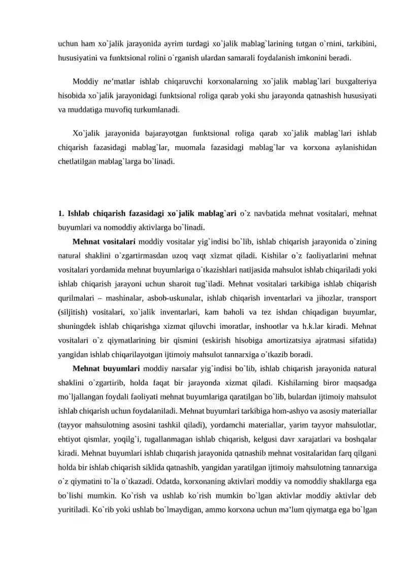 Korxonalarning xo`jalik mablag`lari va ularni turkumlash 2