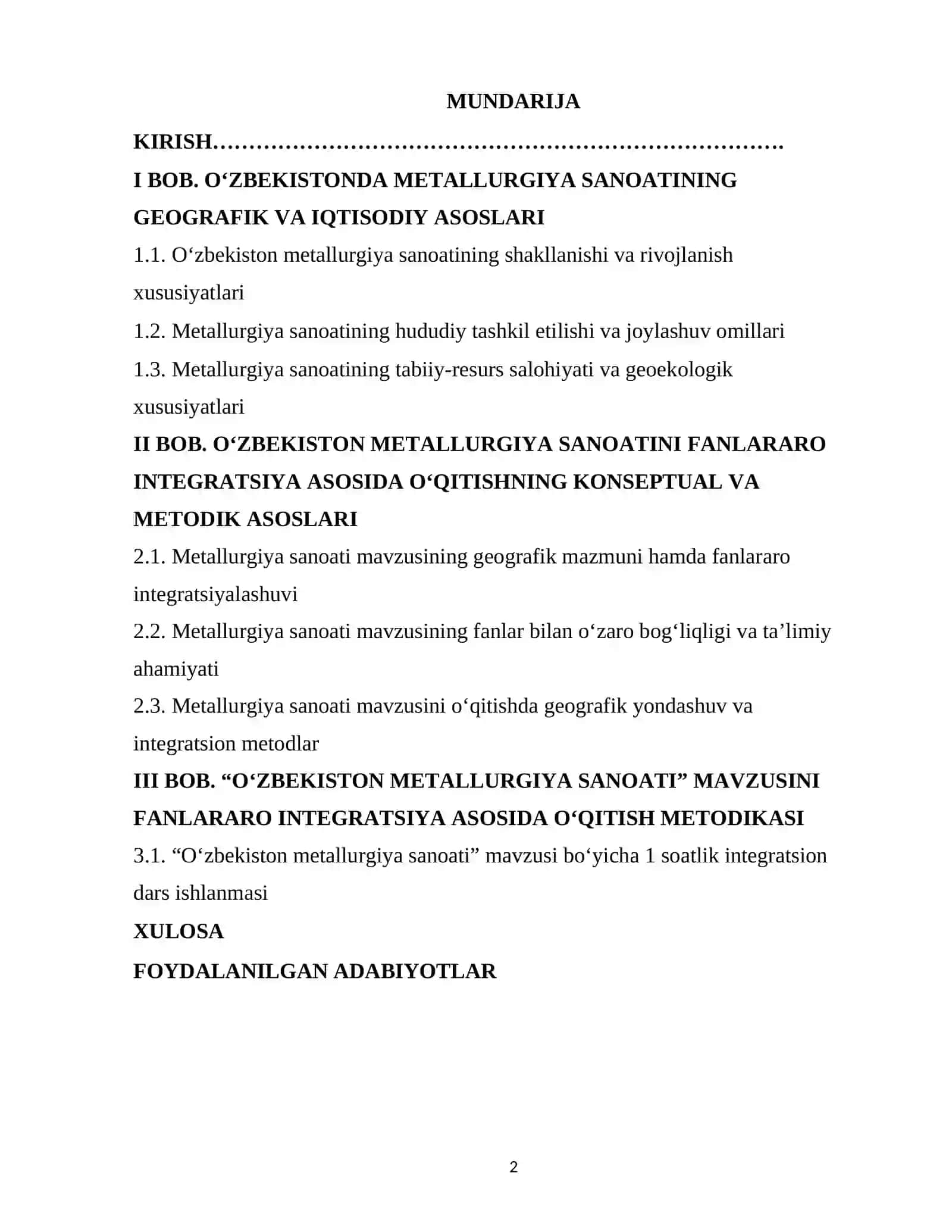 O‘zbekiston metallurgiya sanoati mavzusini o‘qitishda fanlararo integratsiyaning ilmiy asoslari deplom ishi 2