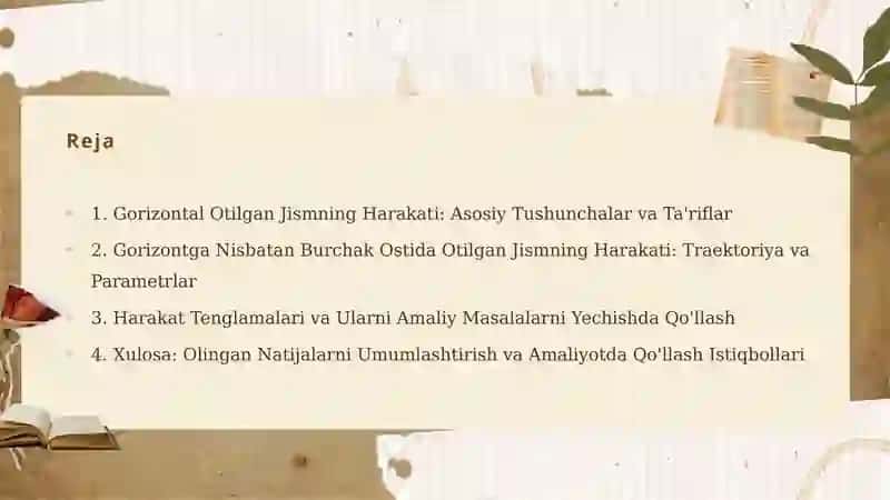 Gorizontal va gorizontga nisbatan burchak ostida otilgan jismning  harakati 2