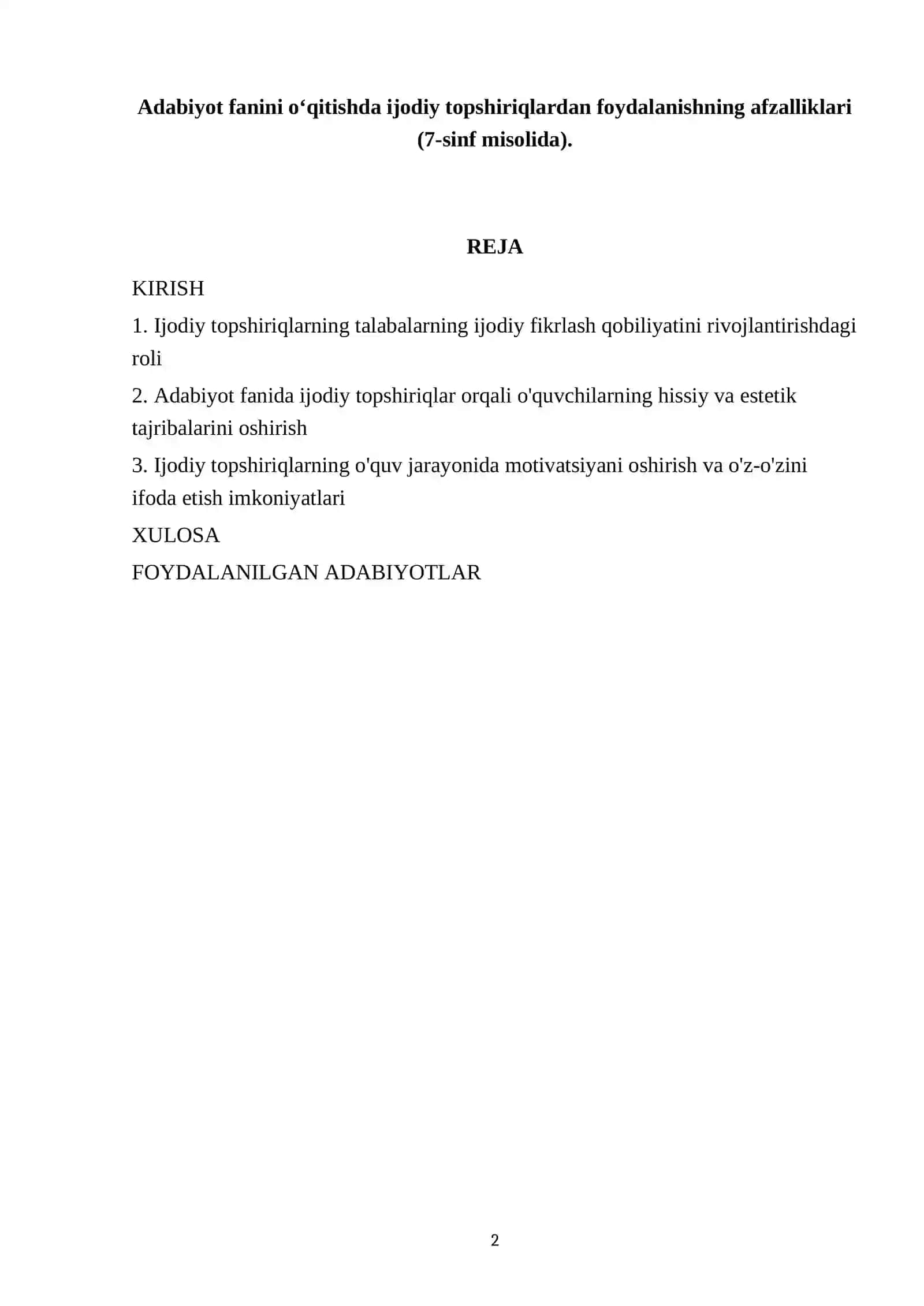 Adabiyot fanini oʻqitishda ijodiy topshiriqlardan foydalanishning afzalliklari (7-sinf misolida) 2