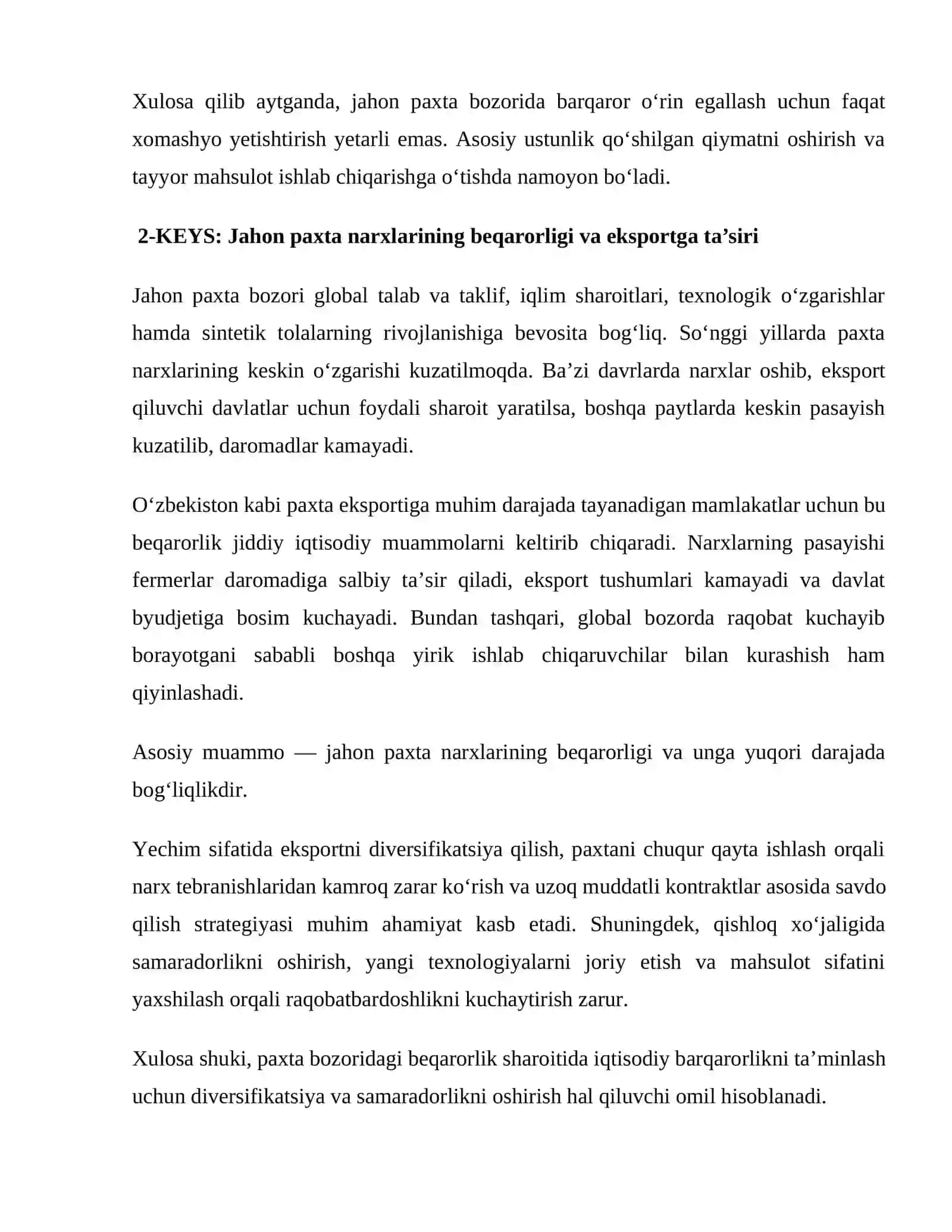 Jahon paxta bozori va unda O'zbekistonning tutgan o'rni 2