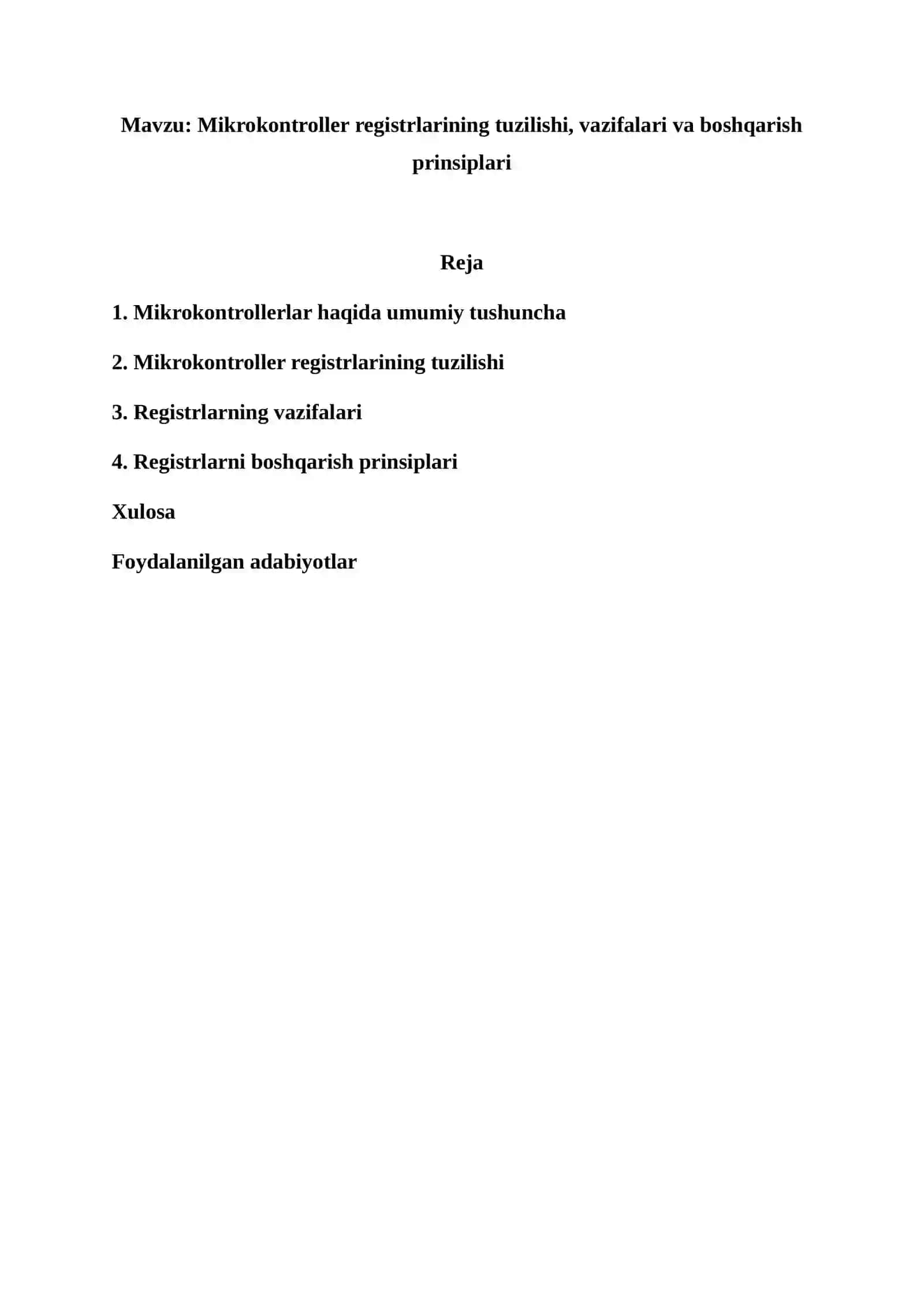 Mikrokontroller registrlarining tuzilishi, vazifalari va boshqarish prinsiplari 2