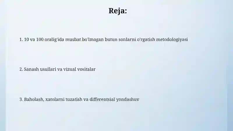 10 va 100 ichida nomanfiy butun sonlarni nomerlashga orgatish metodikasi 2