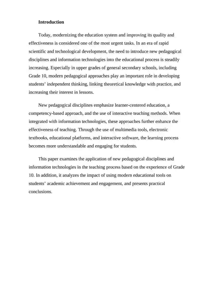 “The Application of New Pedagogical Approaches and Information Technologies in the Teaching Process (Based on the Experience of Grade 10)” 2