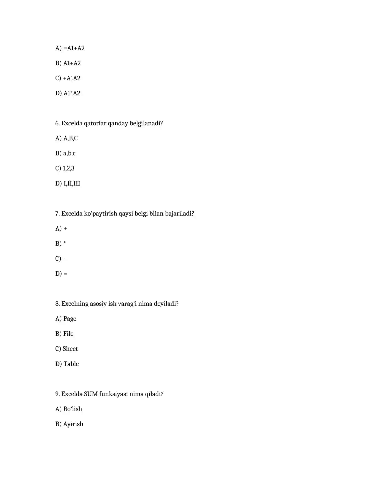 Excel fanidan test (20 ta savol) 2