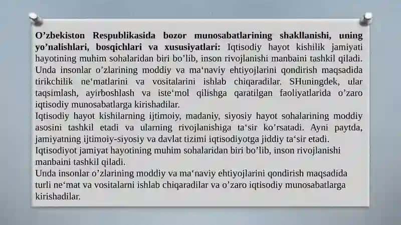 O’ZBEKISTONDA IQTISODIY ISLOHOTLARNING AMALGA OSHIRILISHI, BOZOR MUNOSABATLARINING SHAKLLANISHI 2