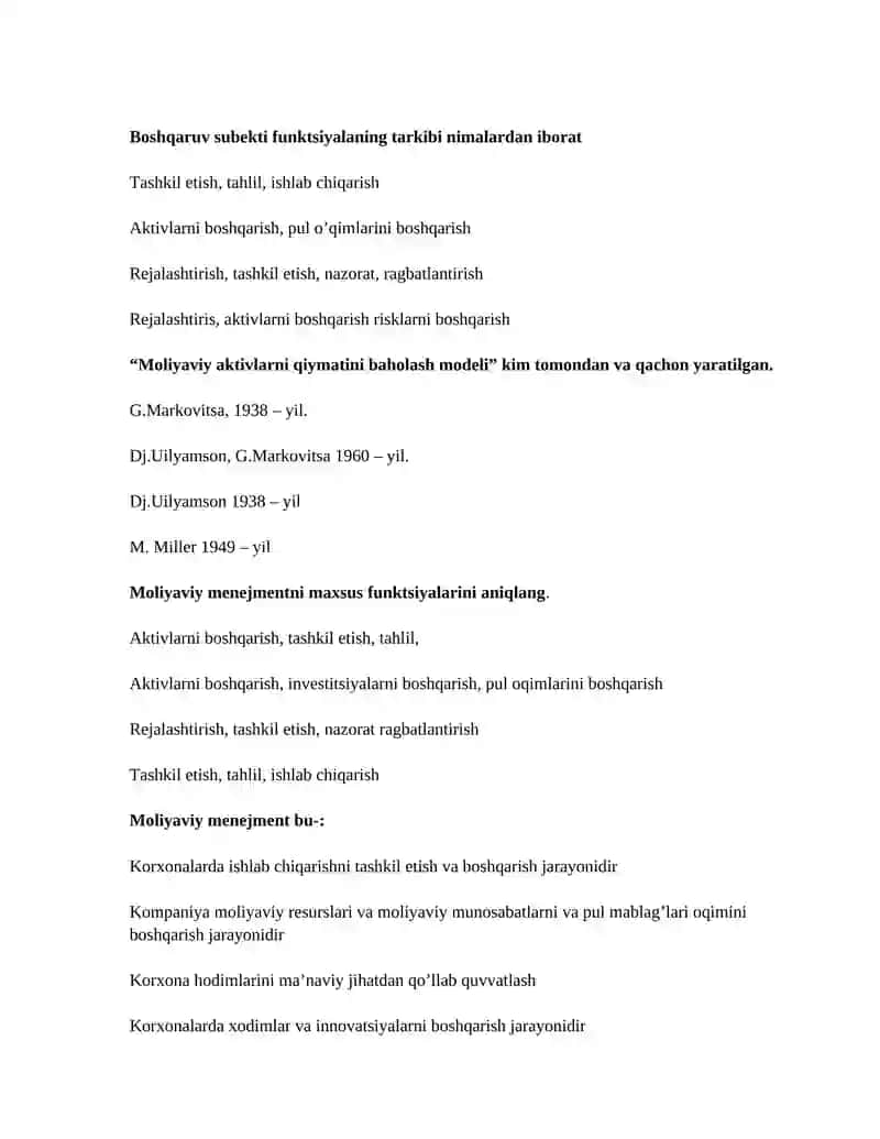 Moliyaviy menegment fanidan test savollari 2