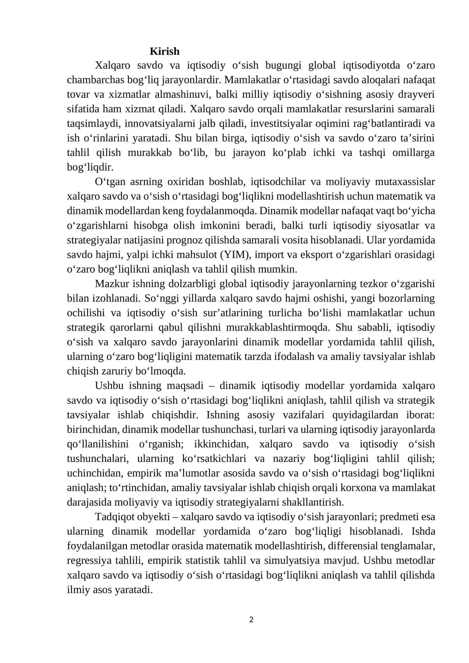 Dinamik modellarida xalqaro savdo va o’sishning bog’liqligi 2