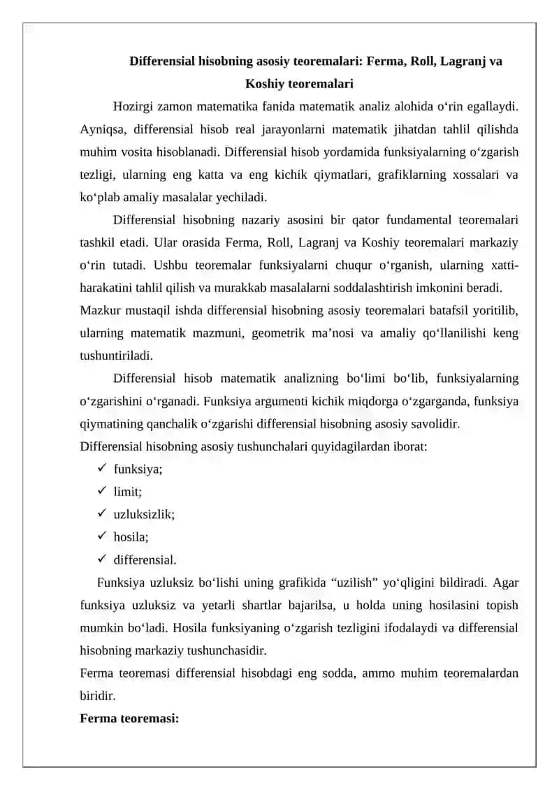 Differensial hisobning asosiy teoremalari, Ferma, Roll, Lagranj, Komi teoremalari 2