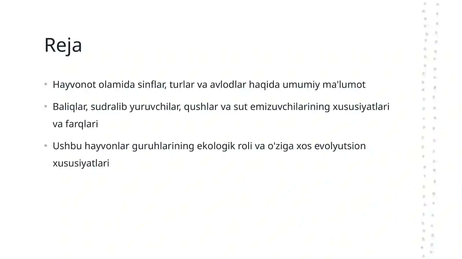 Hayvonot olamida sinf, tur va avlod . Baliqlar . Sudralib yuruvchilar . Qushlar. Sut emizuvchilar sinfi 2