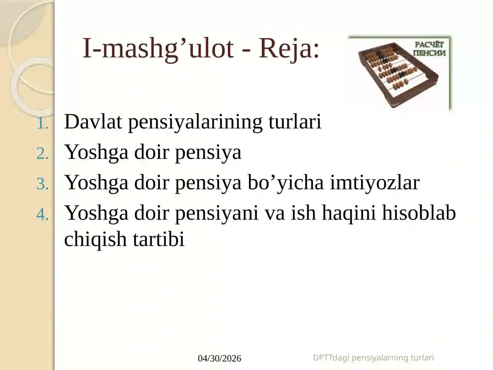 DAVLAT PENSIYALARINING TURLARI, ULARNI TAYINLASH, HISOBLASH VA TO’LASH TARTIBI 2