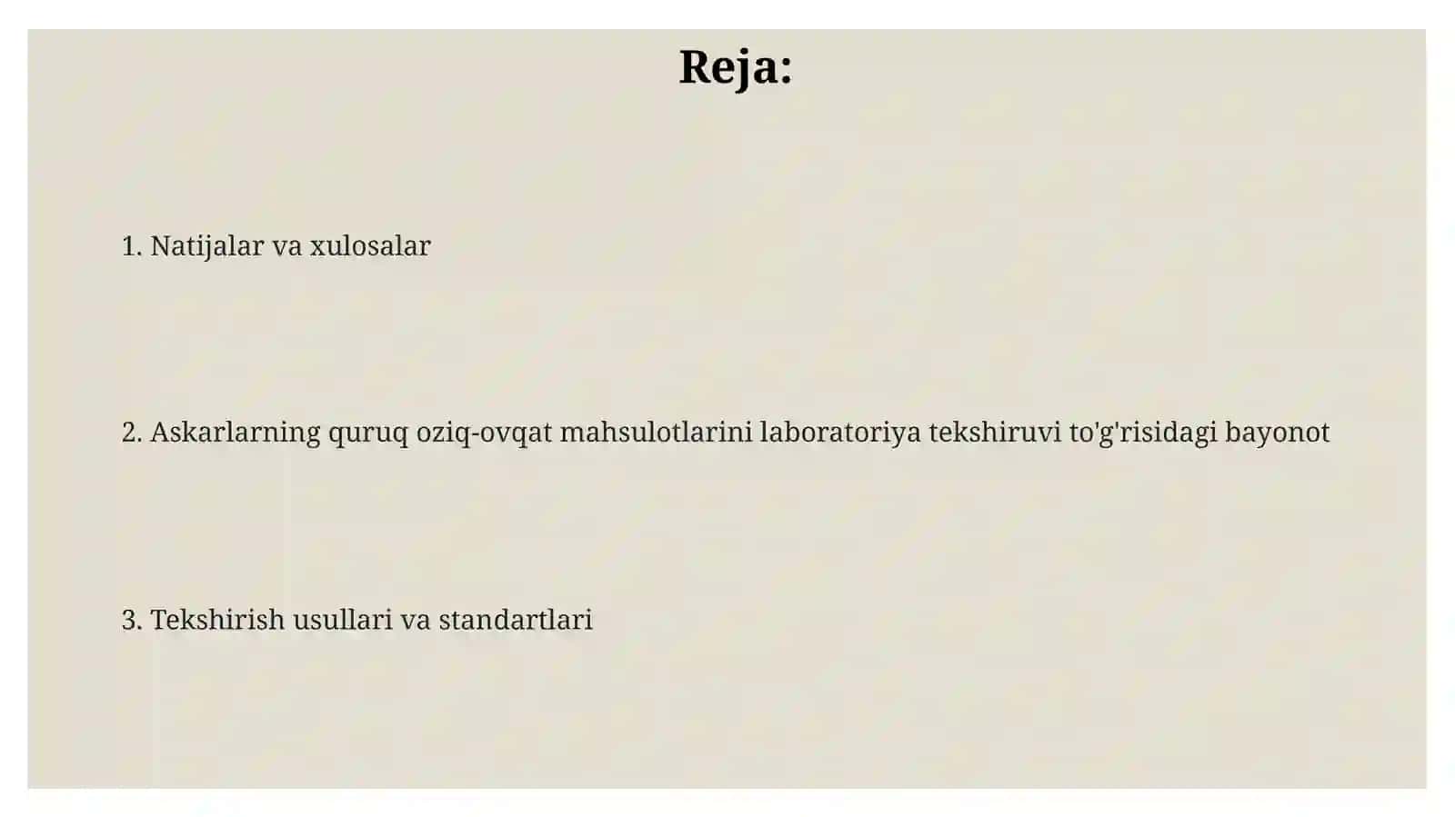Askarlarning quruq oziq-ovqat mahsulotlarini laboratoriya tekshiruvi to'g'risidagi bayonot 2