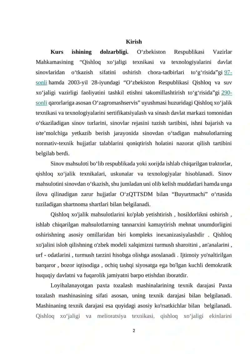 QISHLOQ XO`JALIGI TEXNIKASI VA QUROLLARINI LOYIHALASH VA MODELLASHTIRISHNI O`RGANISH 2