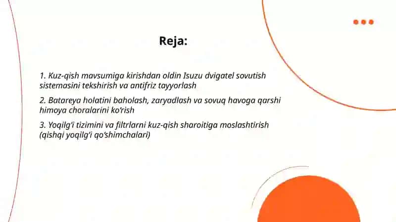 Isuzu rusumli yong'in o'chirish avtomobillarini kuz qish mavsumiga tayyorlashda amalga oshiriladigan ishlar hamda moylash nuqtalariga oʻz vaqtida xizmat koʻrsatishning avzalliklari 2
