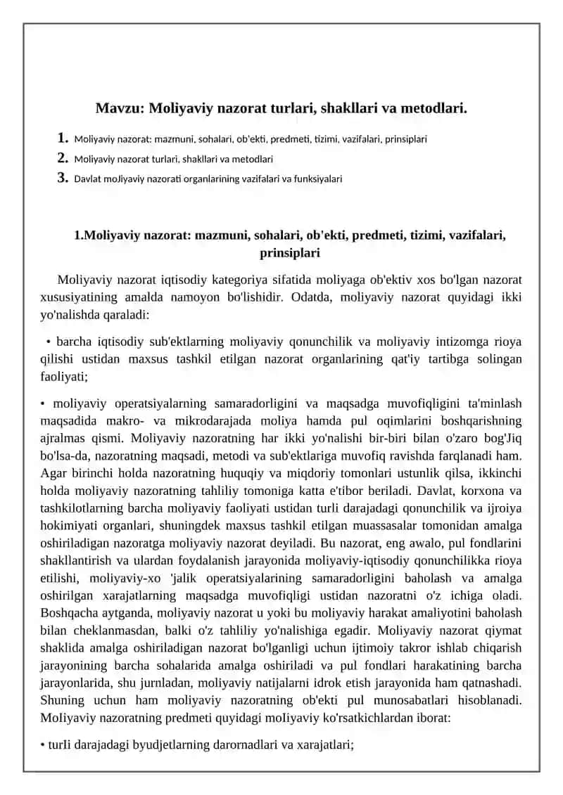 Moliyaviy nazorat turlari, shakllari va metodlari 2
