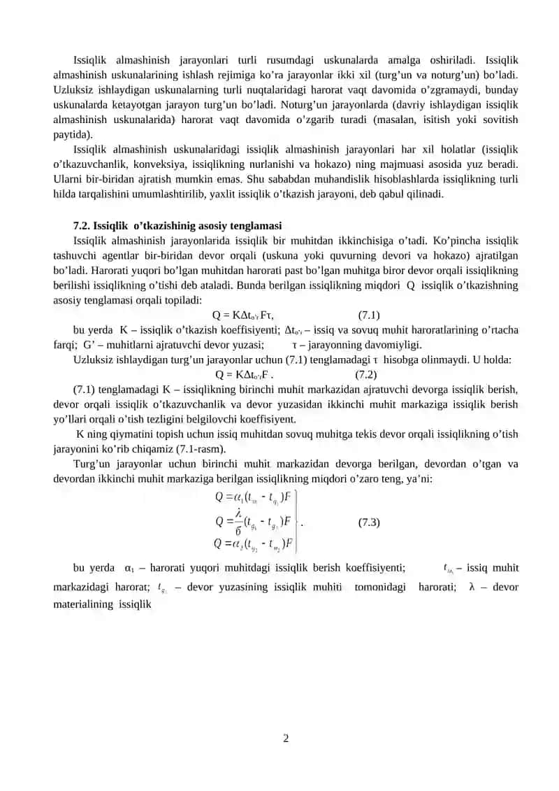ISSIQLIK O’TKAZISH ASOSLARI 2
