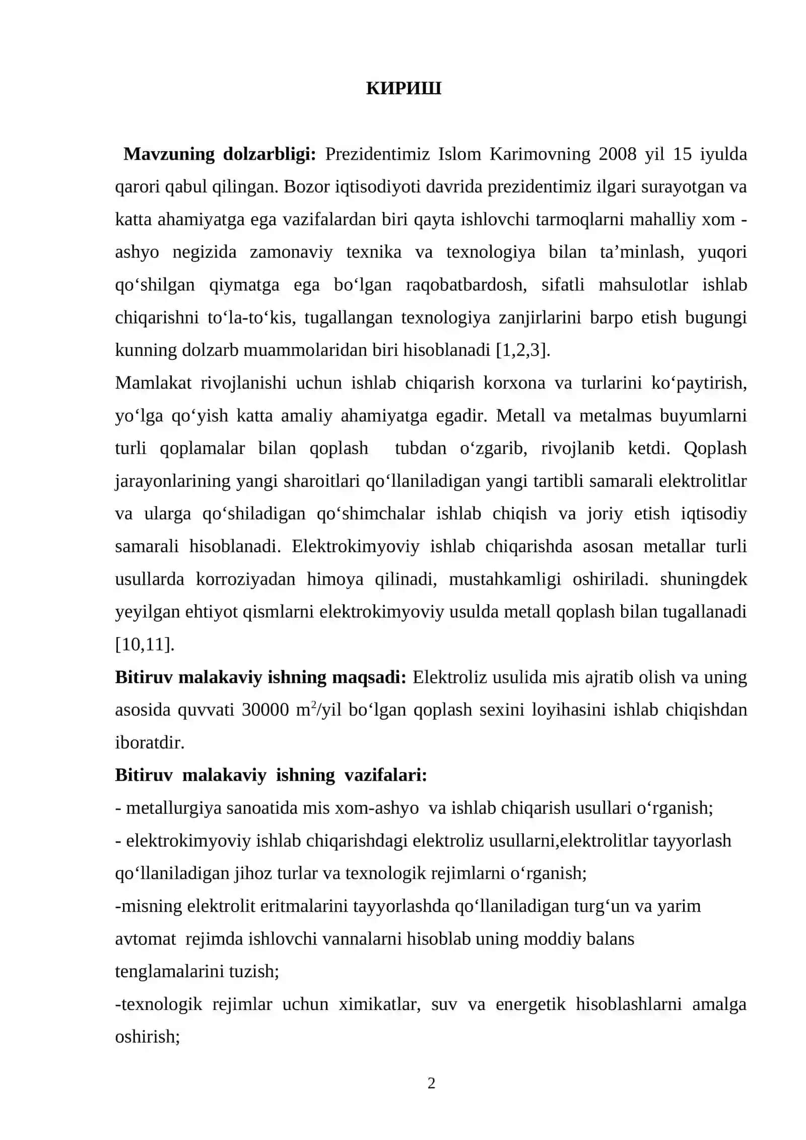 Elektrolitiz usulda mis ajratib olish va mis bilan qoplash sexi (quvvati 30000 m2/yil)ni loyihalash 2