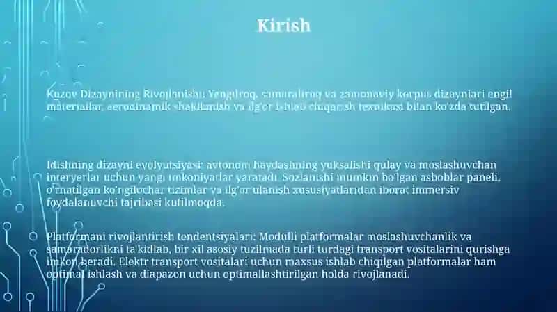 Avtomobillarning Kuzovi,Kabina Va Platformasini KoʻRinishini RivojlanishIstiqbollari 2