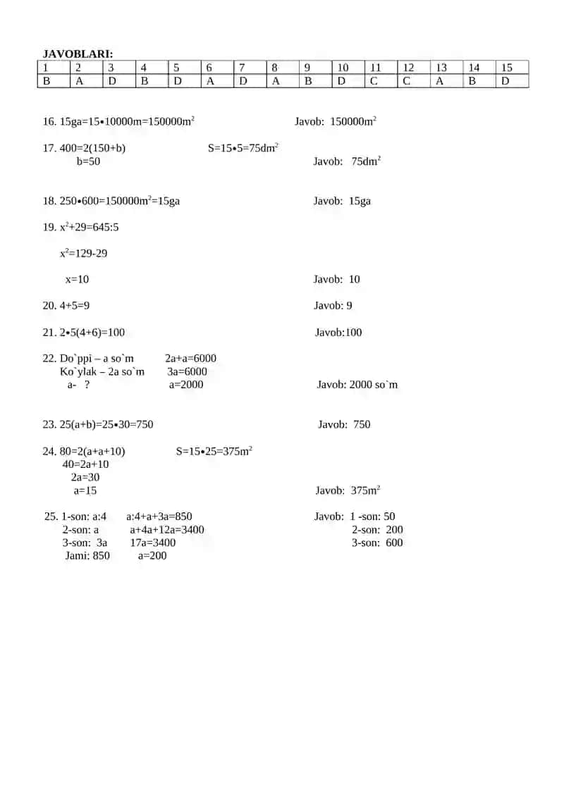 5-sinflar uchun matematika fanidan test savollari (II chorak) 2