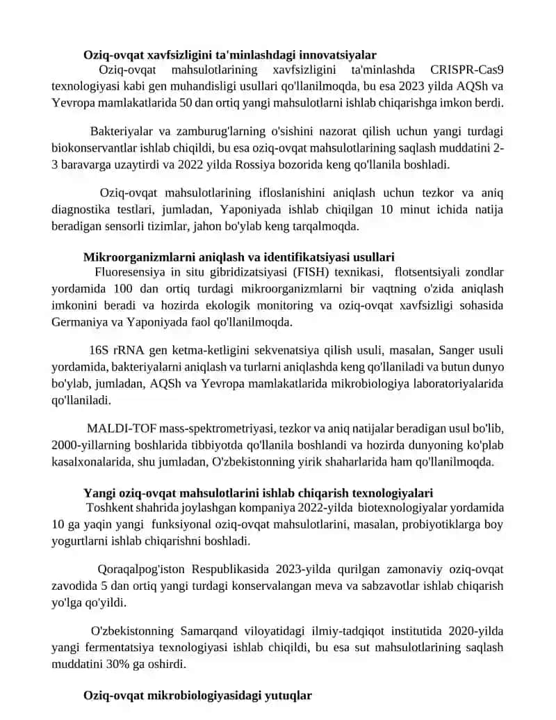 Oziq -ovqat mikrobiologiyasida erishilgan yutuq va yangiliklar 2