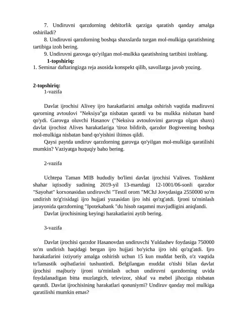 Undiruvni qarzdor yuridik shaxsning mol-mulkiga qaratishning xususiyatlari 2