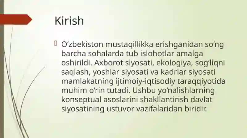O‘zbekiston axborot siyosati, ekologiya, tibbiy turizm, xalq qabulxonalari, yoshlar siyosati va kadrlar siyosatining konseptual asoslari 2