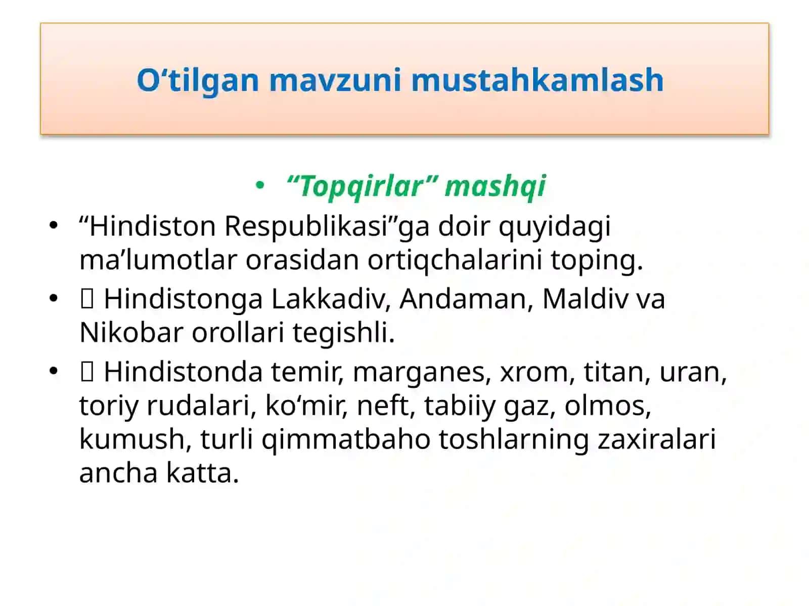O‘tilgan mavzu mustahkamlash 2