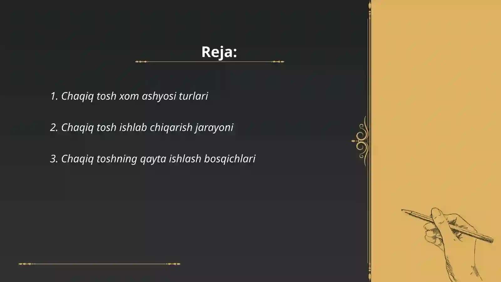 Chaqiq tosh ishlab chiqarish texnalogiyasi slayd 2