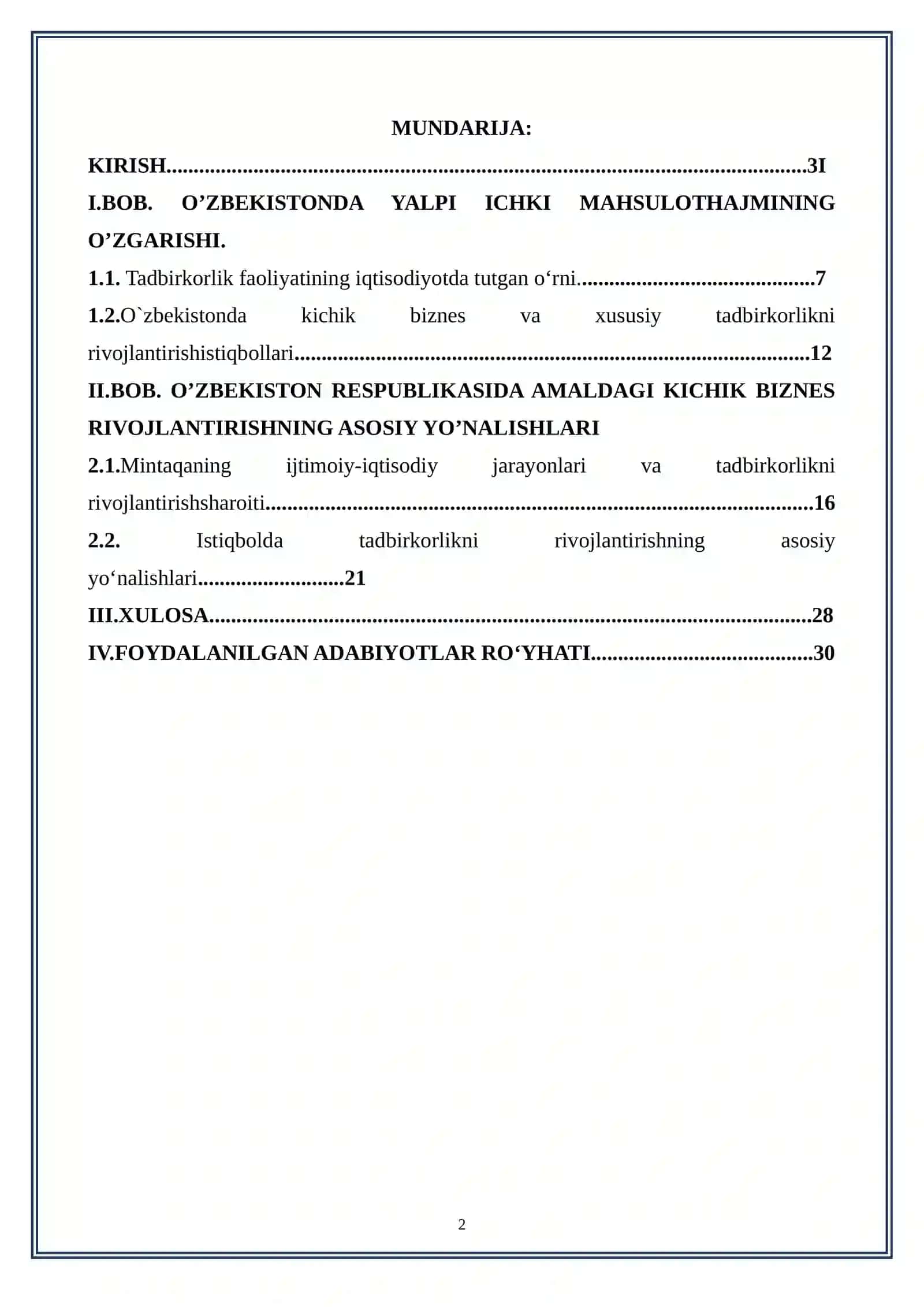 O’zbekiston Respublikasi kichik biznesni rivojlantirishning asosiy yo’nalishlari 2