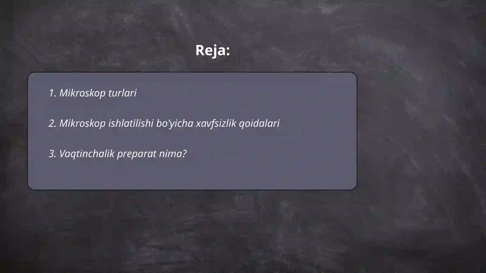 Mikroskop. Mikroskop bilan ishlash qoidasi. Vaqtinchalik preparatlar tayyorlash. Viruslar. Pro-eukariot hujayralar. Ularning òziga xos umumiy tuzilishi va farqlari. Eukariot hujayralaning ultrastrukturaviy tuzilishi. Hujayra membranasi uning nozik tuzilishi va hujayraga moddalarning kirishi 2