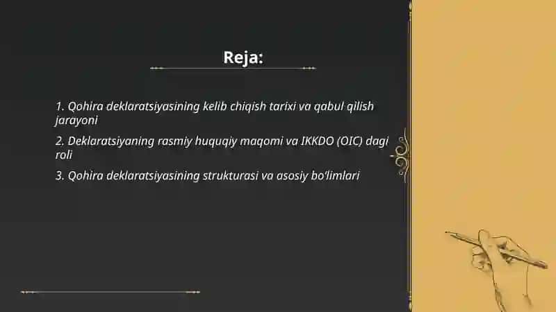 Qohira deklaratsiyasi tarixi va mazmuni doirasida tahliliy maqola tayyorlash 2