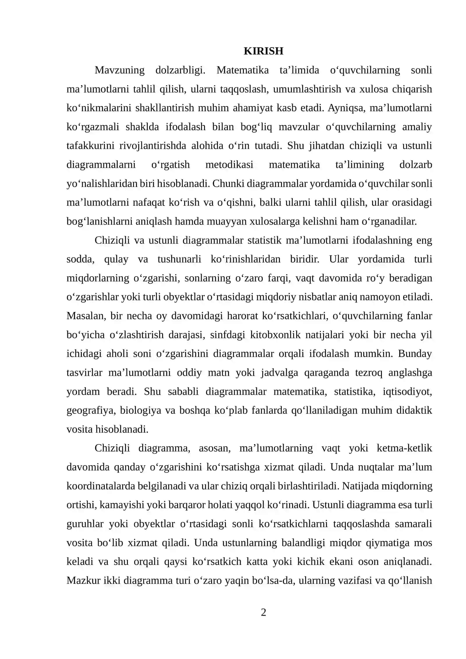 MAVZU: CHIZIQLI VA USTUNLI DIAGRAMMALARNI O'RGATISH METODIKASI 2