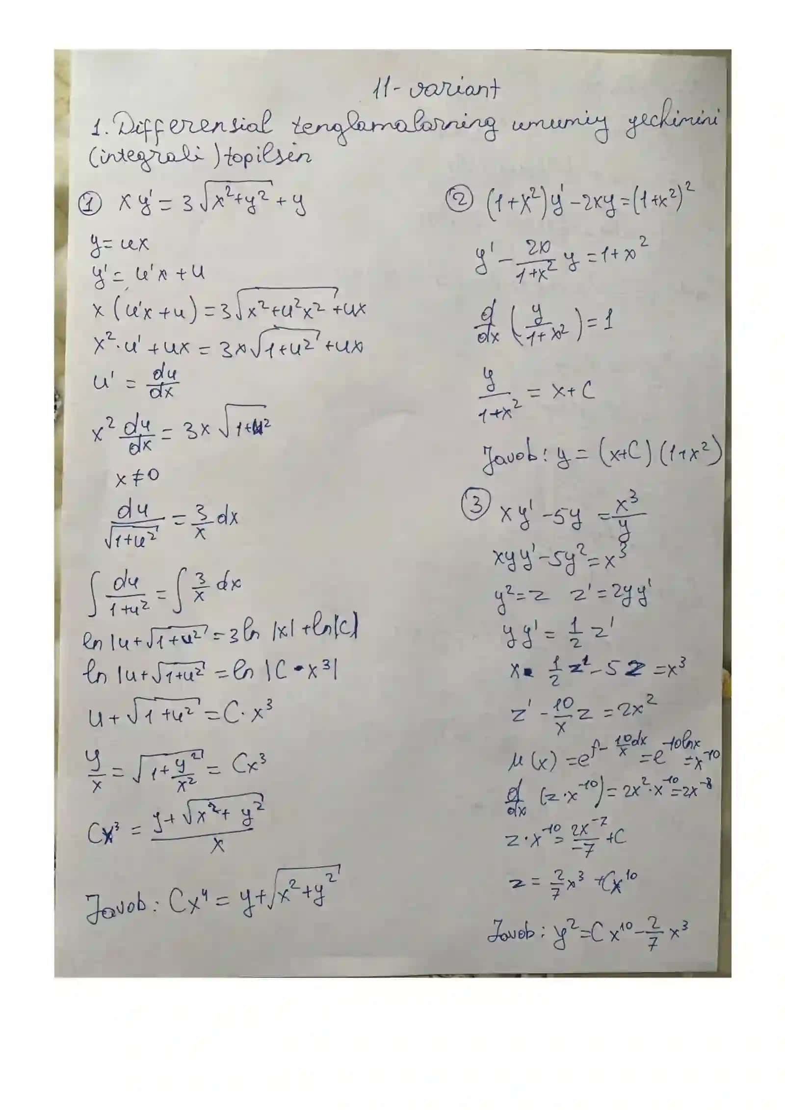 Differensial tenglamalar fanidan amailiy ish 11-variant 2