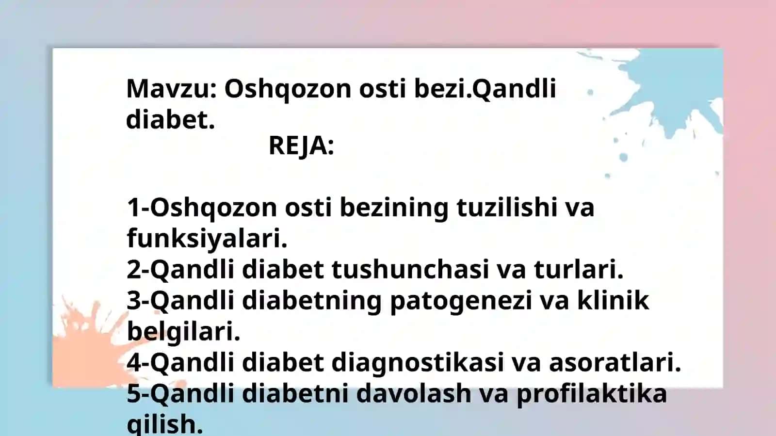 Marğilon Abu Ali ibn Sino nomidagi jamoat salomatligi tibbiyoti texnikumining Davolashishi yo'nalishi 1-kurs 25/12-guruhtalabasi Xomidova Muazzamoyning Anatomiya, fiziologiya va patologiya fanidantayyorlagan Prezentatsiyasi 2