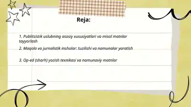 Publitsistik uslubga doir matnlar bilan ishlab ularga doir namunalar tuzish 2