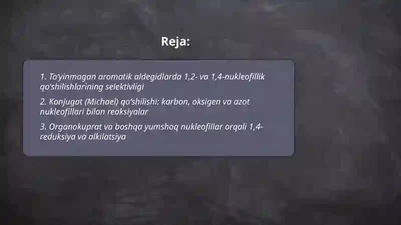 Toʻyinmagan aromatik aldegidlarning oʻziga xos reaksiyalari by Safarov Javlonbek 2