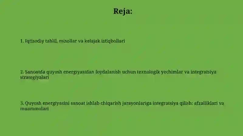Quyosh energiyasini sanoat ishlab chiqarish jarayonlariga integratsiya qilish 2