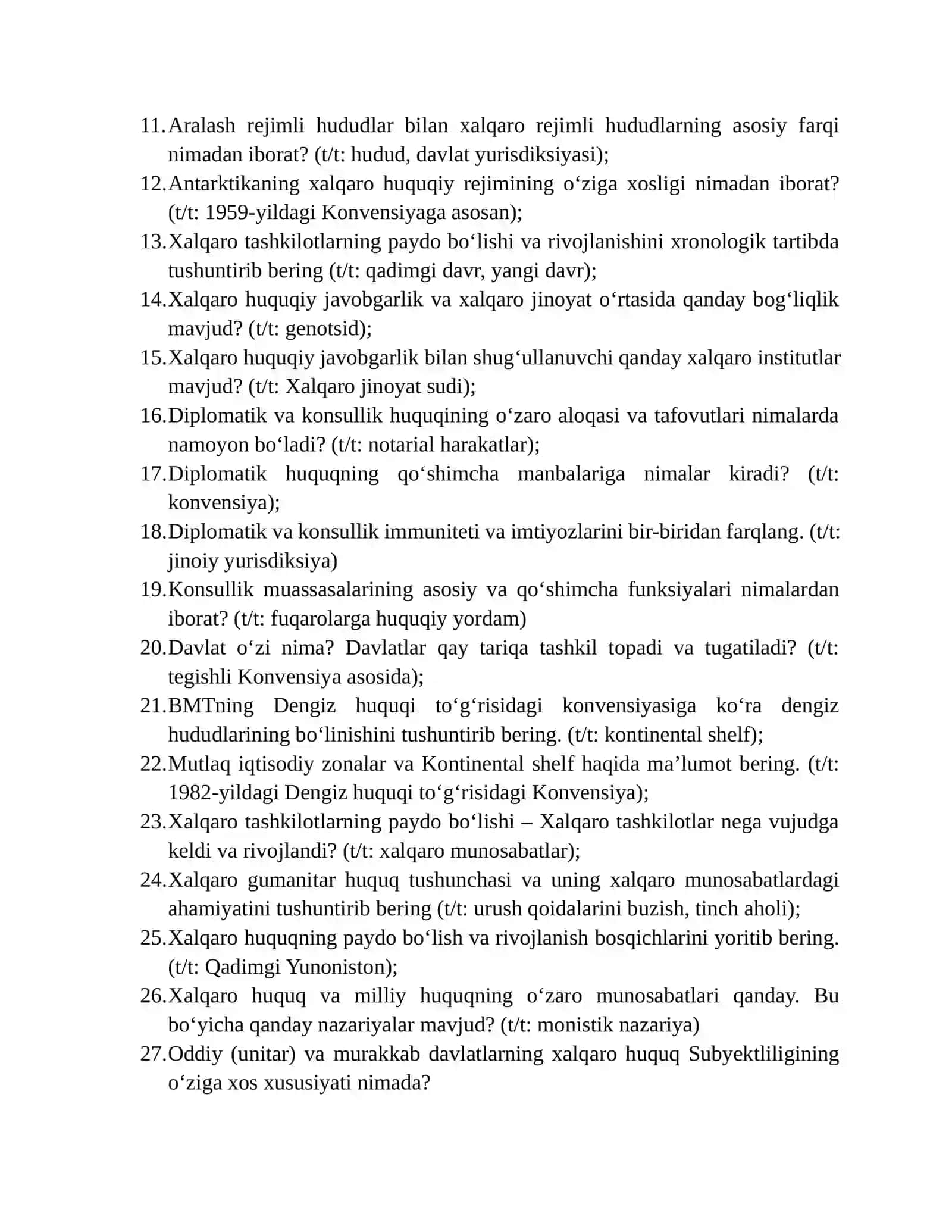 Xalqaro ommaviy huquq fanidan yakuniy nazorat savollari 2