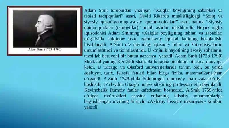 KLASSIK IQTISODIY MAKTABNING TO‘LA   SHAKLLANISHI. ADAM SMIT VA DAVID RIKARDO  IQTISODIY TA’LIMOTLARI 2