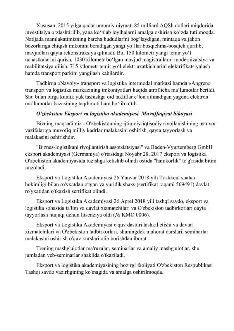 O‘zbekistonda logistika va transport imkoniyatlari 2
