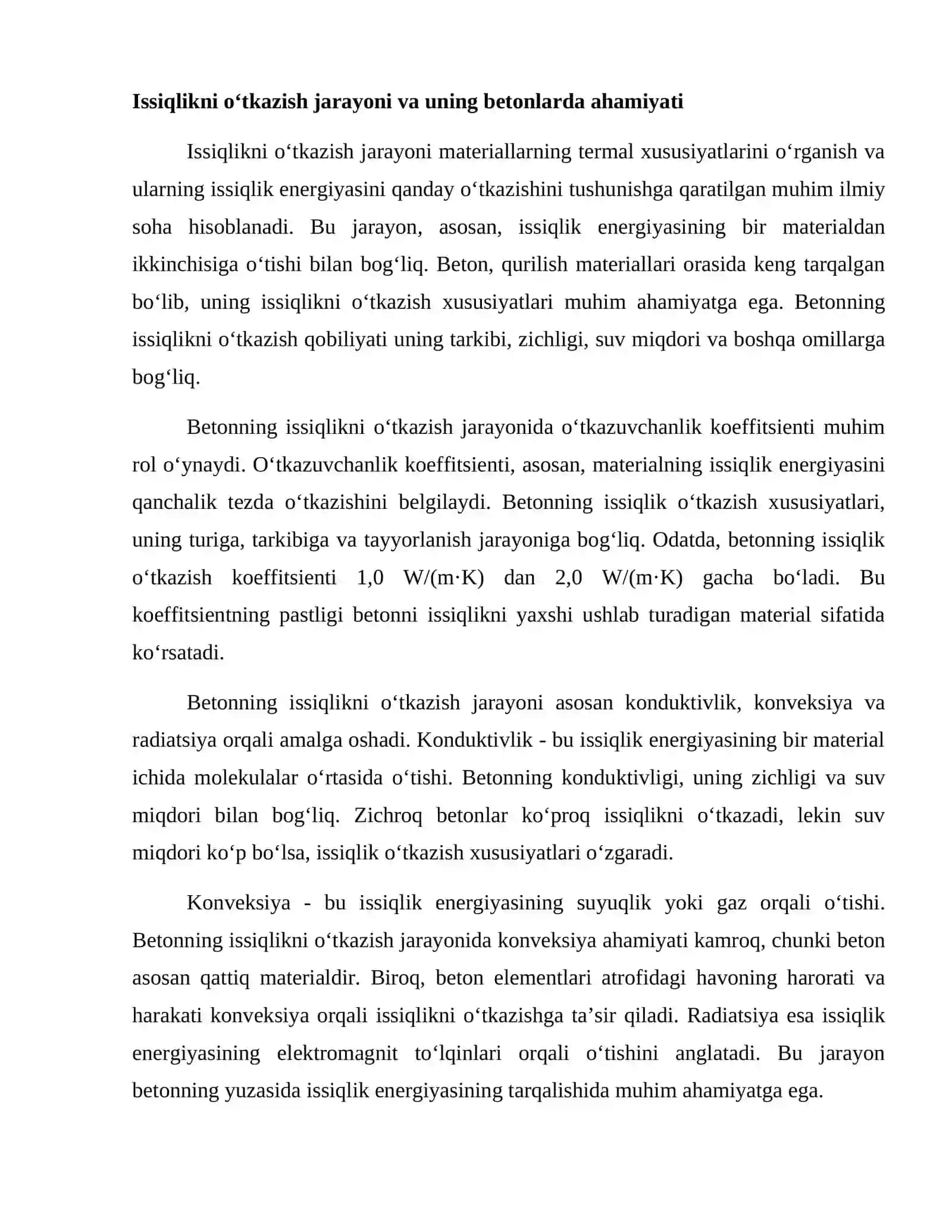 Issiqlikni tez o‘tkazib yubormaydigan betonlar. 2