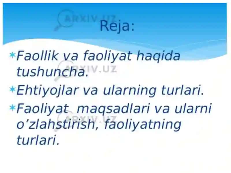 Faollik va faoliyat Faoliyat turlari va bosqichlari 2