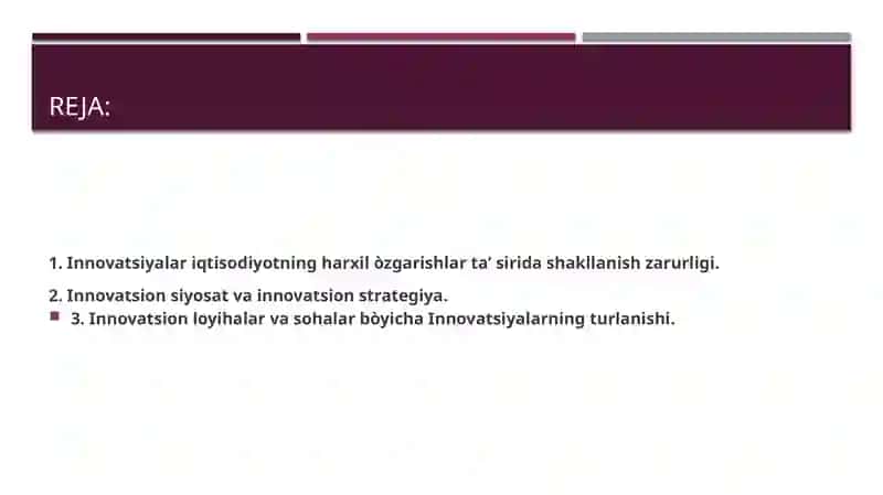 Innovatsiyalarning sohalar bòyicha turlari 2
