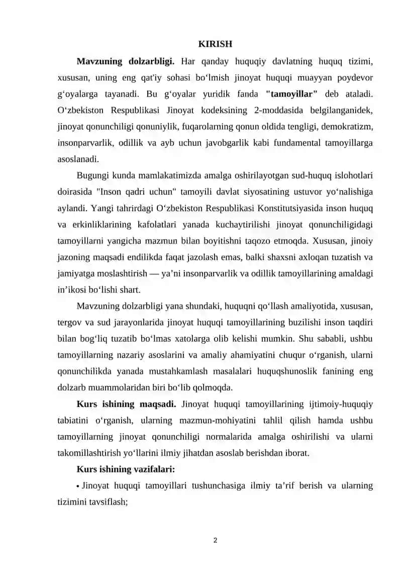 O‘ZBEKISTON RESPUBLIKASI JINOYAT HUQUQINING UMUMIY TAMOYILLARI 2