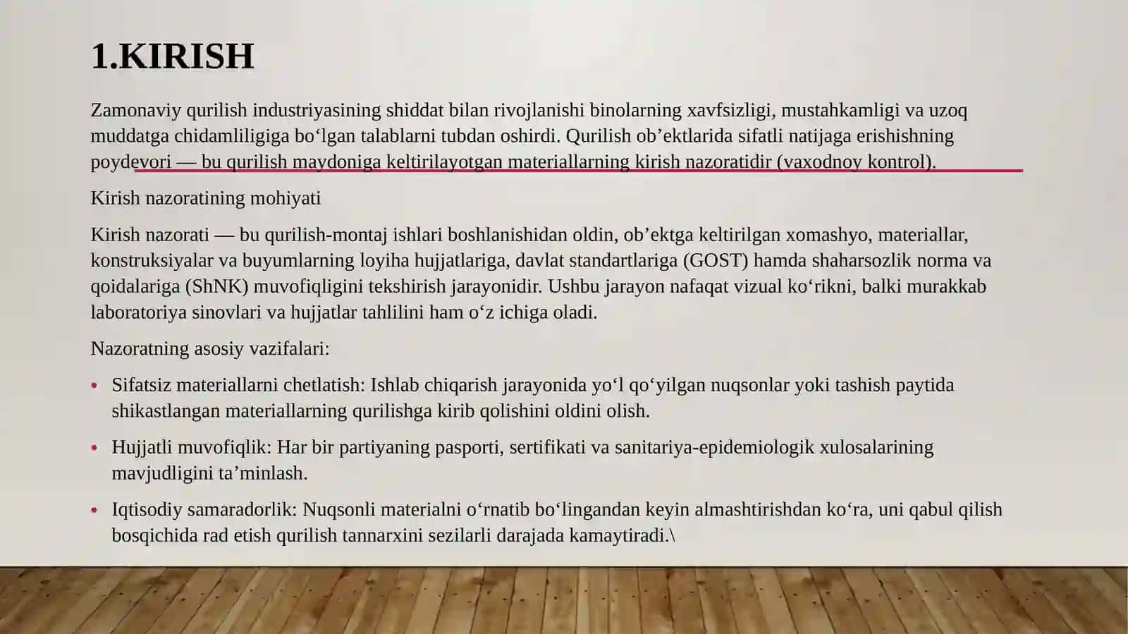 Armaturapo’latlari, metallkonstruksiyalar va derazabloklarining kirish nazorati Reja 2