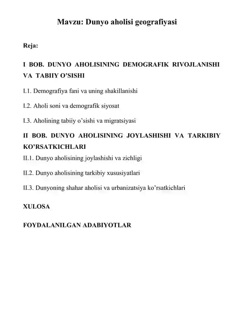 Dunyo aholisi geografiyasi KURS ISHI 2