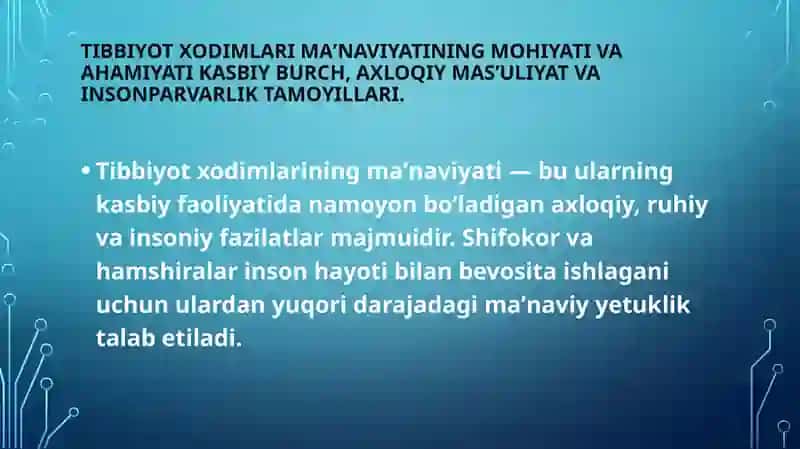 Tibbiyot xodimlarining ma’naviyati. Qon ketganda birinchi yordam ko`rsatish 2